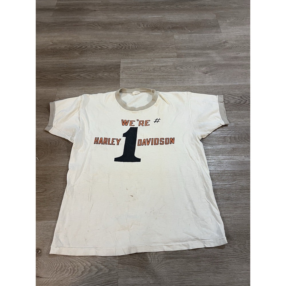 Vintage Rare Late 1960s Harley Davidson #1 Champion Ringer T‎ Shirt Size Large